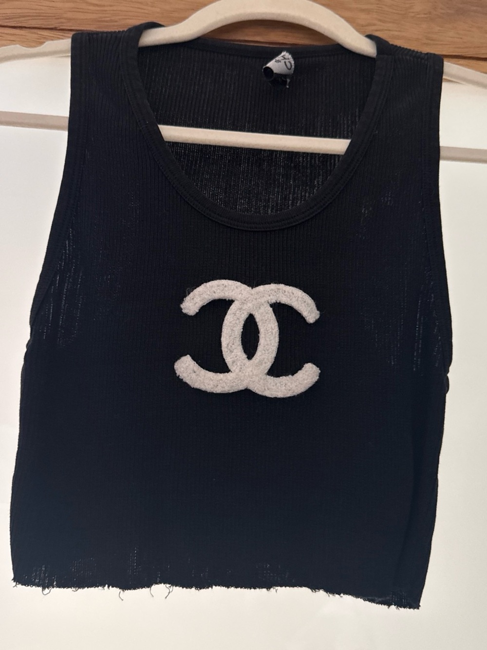 CHANEL Black Cropped Tank Top with White CC Patch